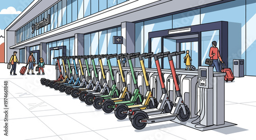Electric scooters lined up neatly for rent.