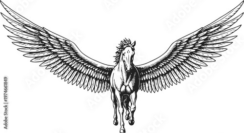 Black and white illustration of a horse with large angel wings flying forward in detailed line art