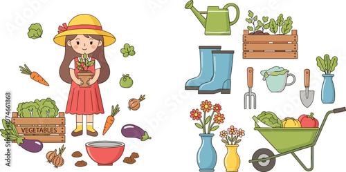 Cute girl gardening with vegetables tools boots watering can wheelbarrow plants isolated on white background vector illustration set