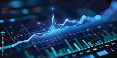 A close up of an audio sound mixer displays a digital heartbeat pulse and medical ECG graph line on a computer technology monitor for health data illustration