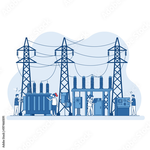 Electrical Substation Workers Performing Maintenance Tasks.