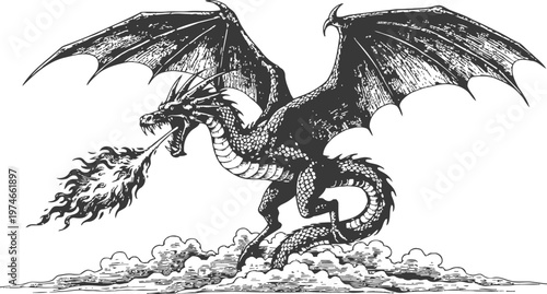 black dragon with wings breathing fire and standing on clouds mythical creature, fantasy beast, medieval illustration