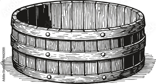Wooden round tub with metal bands, vintage hand drawn barrel illustration