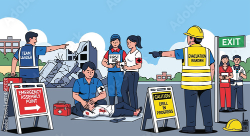 Emergency response team providing aid and directing people.