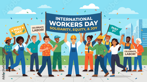 This joyful flat design illustration depicts a lively street party celebrating International Worker Day, with people dancing and music, conveying a spirit of community and happiness. 