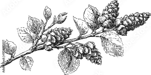 Detailed black and white sketch of alder tree branch with catkins and leaves in natural botanical