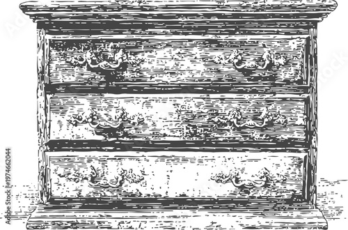 Vintage wooden chest of drawers with ornate handles, classic furniture storage unit illustration