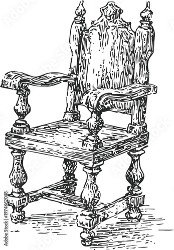 Ornate antique wooden armchair with carved details and high backrest vintage furniture design