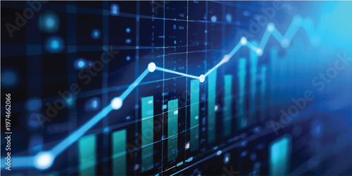 A 3d business financial graph shows a blue line moving up a stock market chart to represent growth and success in the economy