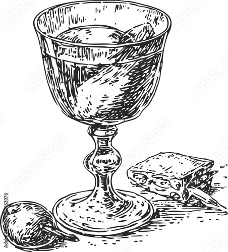 Vintage wine glass with cheese and fig sketch hand drawn elegant drinking cup and gourmet snack illustration