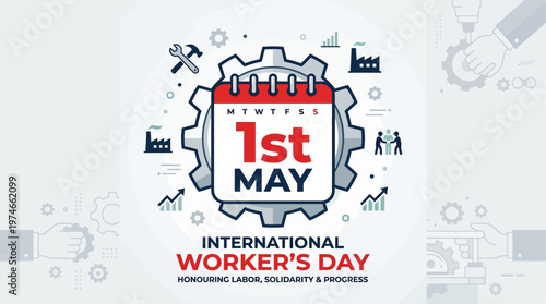 A clean flat design illustration featuring '1st MAY' typography, combined with a calendar icon and a gear, representing the date and industrial significance of International Worker Day. 