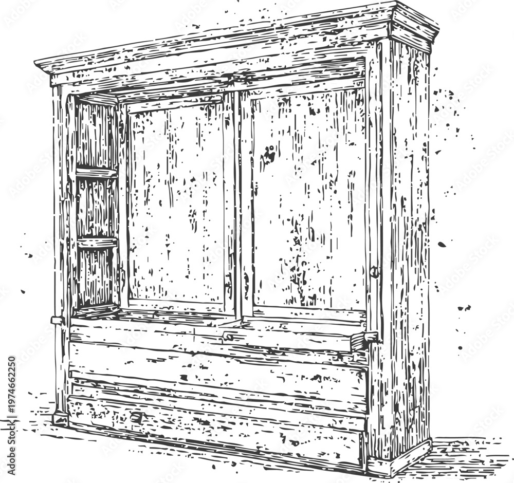 Fototapeta premium Rustic wooden wardrobe with sliding doors and side shelves vintage furniture sketch with aged texture
