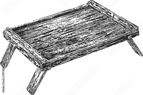 Rustic wooden tray with folding legs, hand drawn vintage serving tray illustration