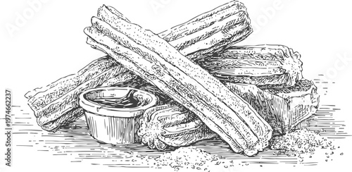 hand drawn churros with dipping sauce traditional mexican fried dough dessert sketch