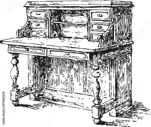 vintage wooden roll top desk with multiple drawers and ornate legs, classic antique furniture