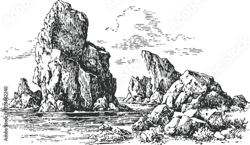 rocky sea coast landscape with large cliffs and ocean water, vintage hand drawn illustration