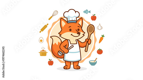 Cute Fox Chef with Cooking Utensils and Ingredients, Cartoon Style