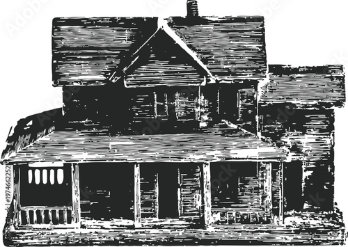 Old rustic farmhouse with porch and gable roof, vintage wooden country home illustration