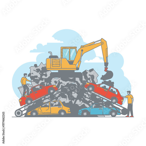 Excavator Sorting Cars at Junkyard.