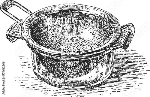 vintage kitchen strainer with metal mesh and wooden handle, antique cooking utensil engraving