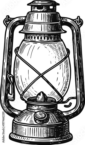 Vintage lantern illustration retro kerosene lamp with glass globe, metal frame, and wick classic light source engraving