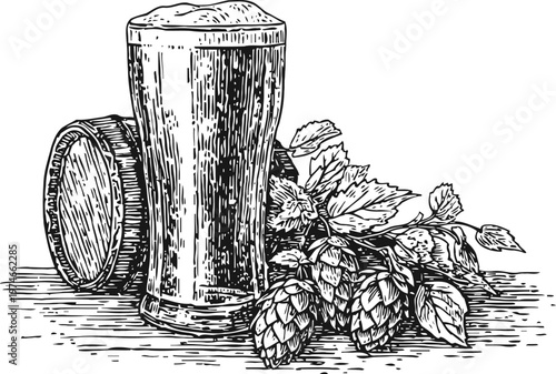 Vintage engraving of beer glass, hops, and barrel on wooden surface illustration