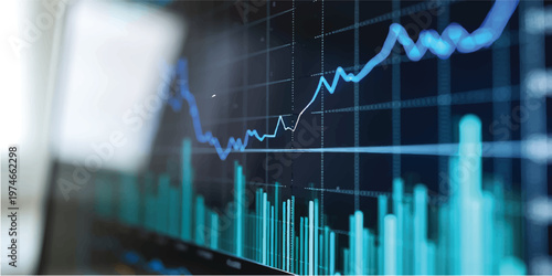 A blue financial growth chart showing a stock market graph and a heartbeat pulse line on a medical monitor symbolizes business success and investment technology