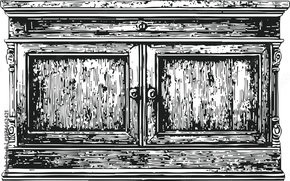 Fototapeta premium Vintage wooden cabinet with two doors, ornate carved details, classic antique furniture design