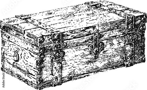 Vintage wooden chest with metal hinges and lock detailed black and white illustration