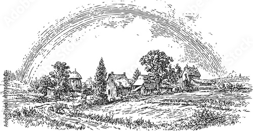 Rustic countryside village with houses, trees, and fields under a curved sky line engraving