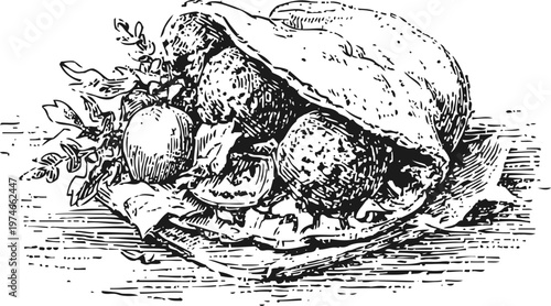 Falafel sandwich with herbs and vegetables wrapped in pita bread, traditional middle eastern food illustration