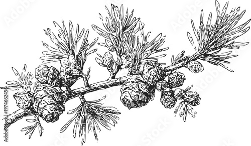 Detailed black and white illustration of pine branch with needles and cones botanical sketch drawing of coniferous tree twig with woody seed cones