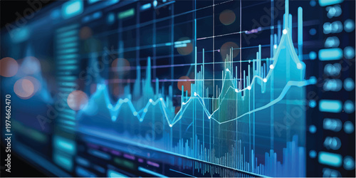 An abstract blue technology screen displays a stock market graph designed as a medical heartbeat pulse line to represent the vital growth of finance and business data through a digital ECG cardiogram