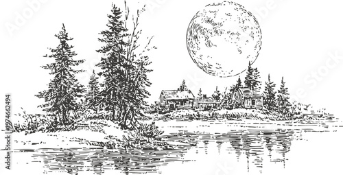 Peaceful lakeside cabin by pine trees under a full moon reflection on calm water