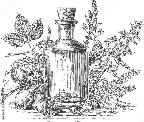Vintage herbal medicine bottle surrounded by various medicinal plants and herbs in detailed sketch