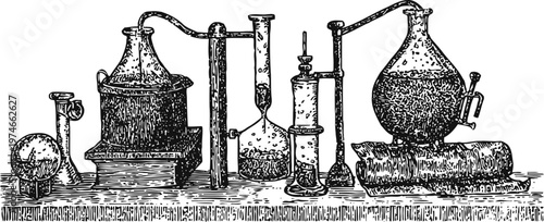 Vintage laboratory distillation apparatus set with flasks, condensers, and burners in engraving