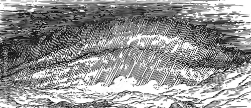 stormy ocean waves under heavy rain and dark cloudy sky, turbulent sea and rough weather