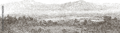 Vintage detailed landscape of rolling hills and trees in sepia tone with intricate dot work