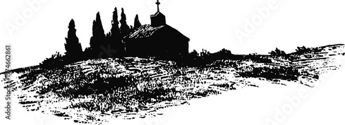 Silhouette of a small chapel on a hill with trees in black and white rustic landscape