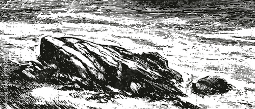 Vintage black and white engraving of rugged coastal rocks with turbulent sea waves
