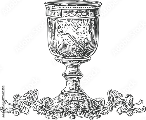 Vintage ornate chalice with decorative base engraved with intricate floral patterns