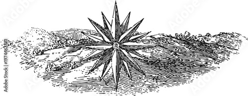 Vintage compass rose illustration with detailed landscape background and mountainous horizon