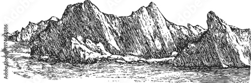 Detailed hand drawn mountain range illustration with rocky cliffs and textured shading in black and white
