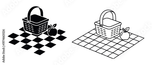 Basket picnic food image vector Black and White Stock Photos
