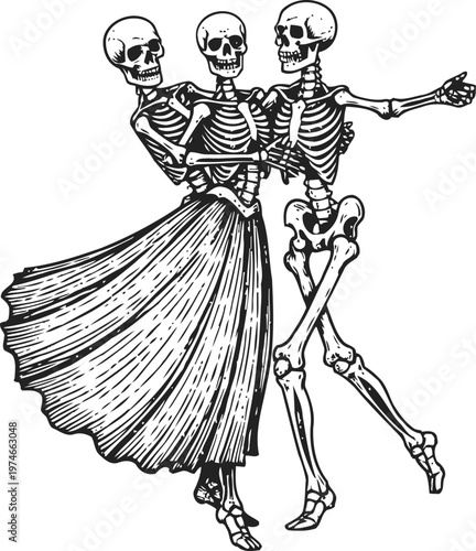 Three skeletons dancing together in vintage illustration with flowing skirt and joyful movement
