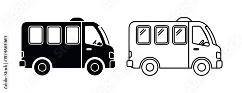 Print Black White Line Solid Minibus Side Stock Vector