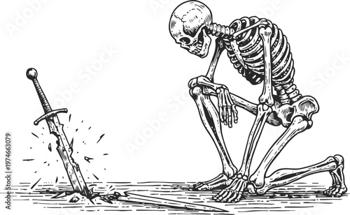Medieval skeleton kneeling near sword plunged into ground, vintage vintage dark fantasy illustration