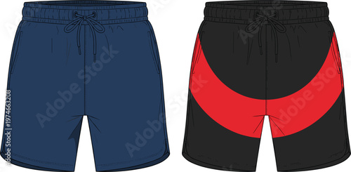 Men Sport Shorts Technical Fashion Flat Sketch Set Featuring Navy Blue and Black Red Colorways with Drawstring Elastic Waistband Apparel Design Vector Illustration