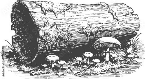 woodland mushrooms growing on forest floor near fallen log with moss and plants