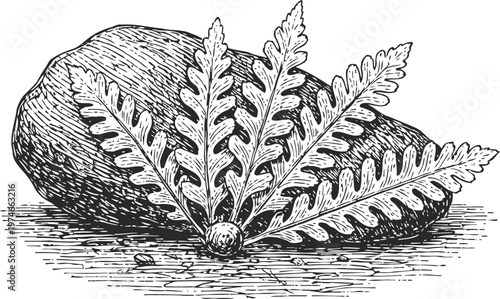 Cacao pod with cacao fern leaves detailed vintage botanical illustration